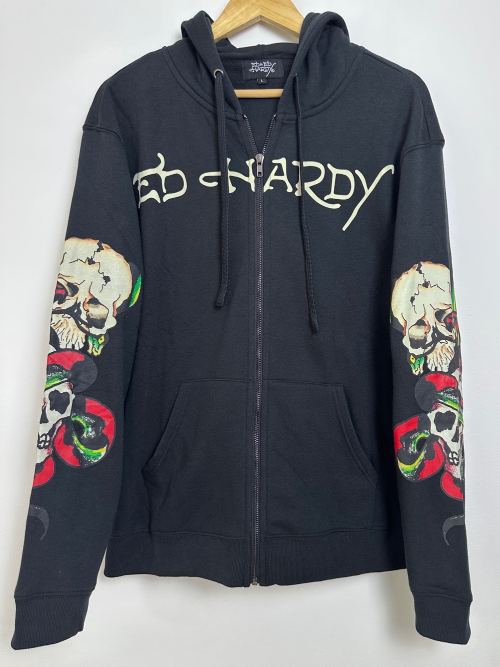 Ed Hardy Black Zip-Up Hoodie with Skull Sleeve Art